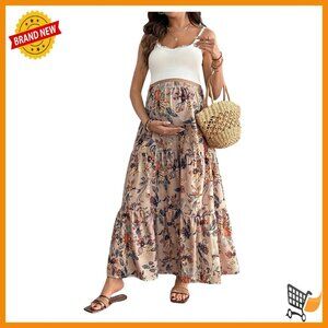 Maternity Maxi Skirt Floral High Waist Elastic Ruffle Flowy Boho
